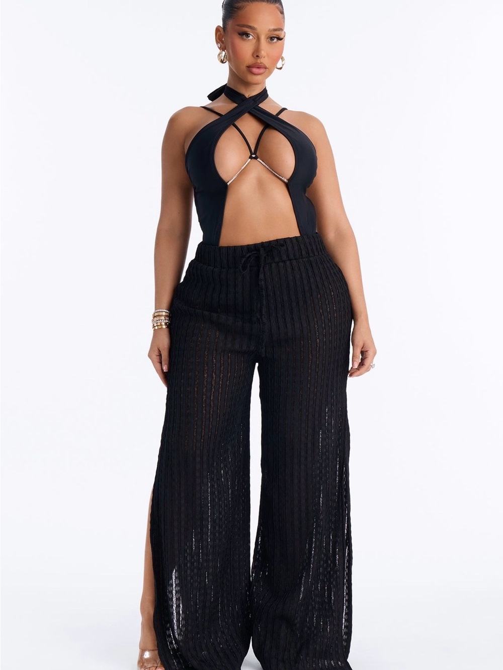 Fashion Nova Black Sheer Knit Wide-Leg Swim Coverup Pants